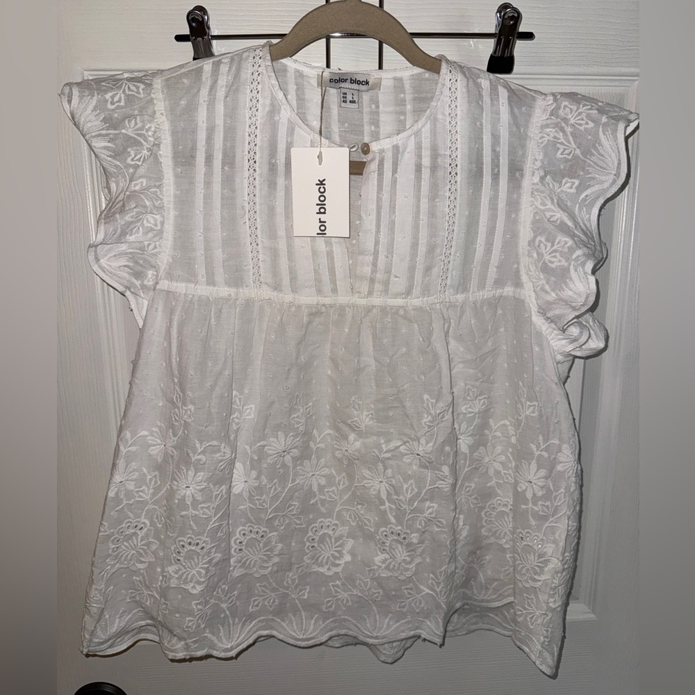 Color Block Women’s White Embroidered Top